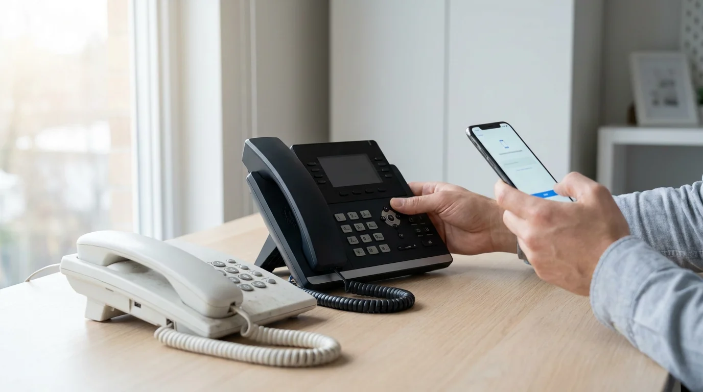A person setting up a new VoIP phone next to an old landline phone.