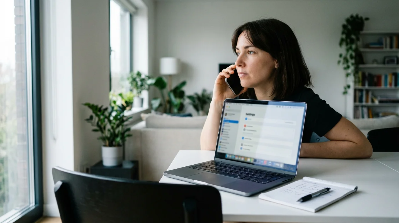 A person sits at a desk, negotiating on the phone with their internet provider.
