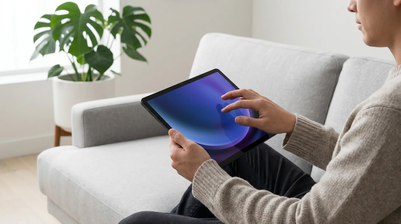A person sits on a sofa holding a tablet with a glowing abstract screen.