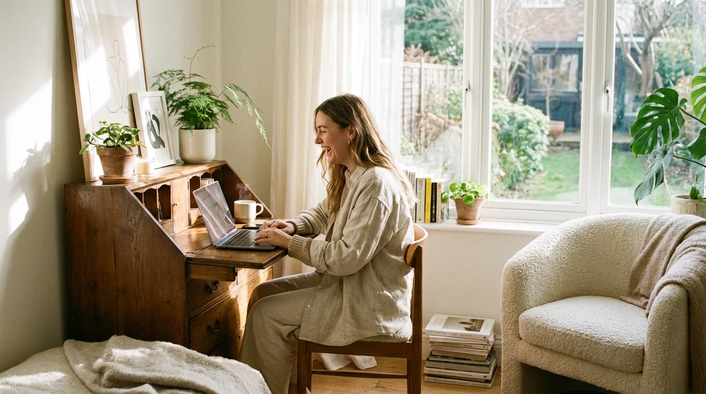 A person smiling while using a laptop in a bright, modern home office.