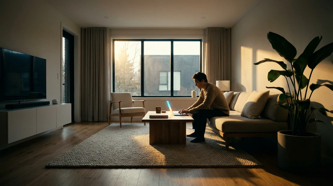 A person streaming on a laptop in a sunlit, modern living room with long shadows.