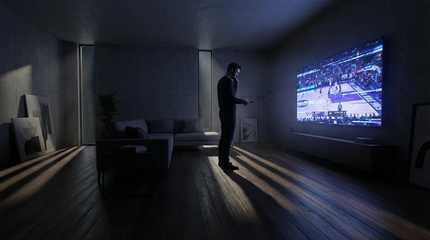 A person suspiciously watching a glitchy, pixelated sports game on TV in a shadowed room.