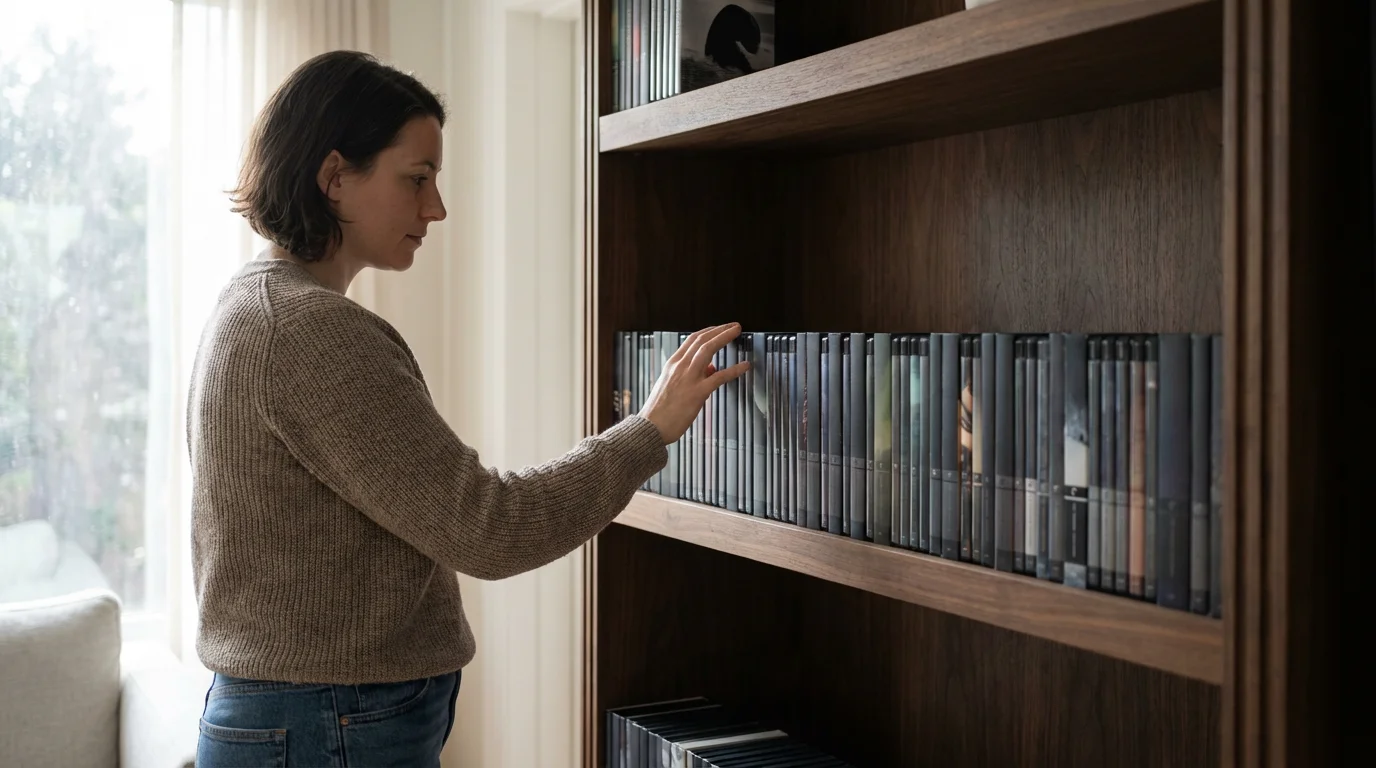 A person thoughtfully browsing a large collection of movie cases on a modern shelf.