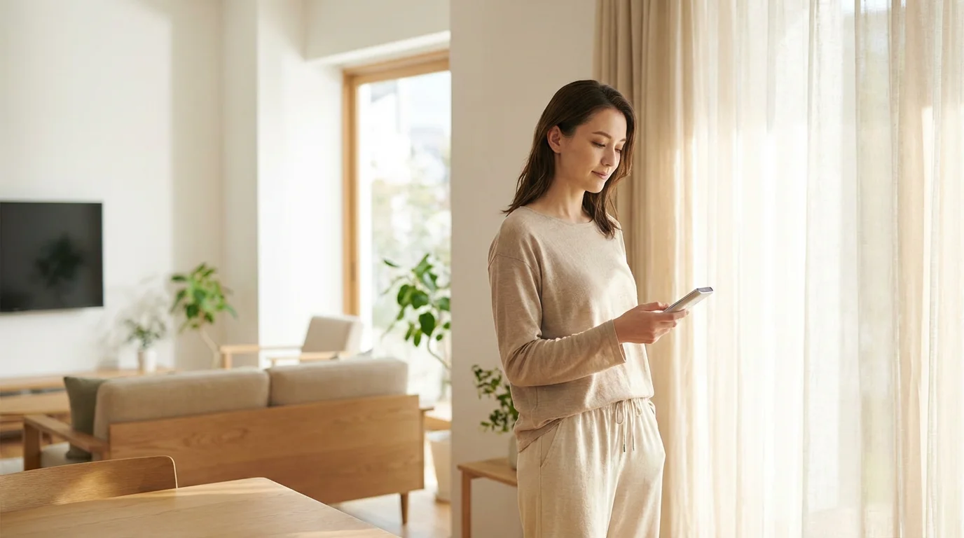 A person thoughtfully holding a TV remote in a bright, modern living room.
