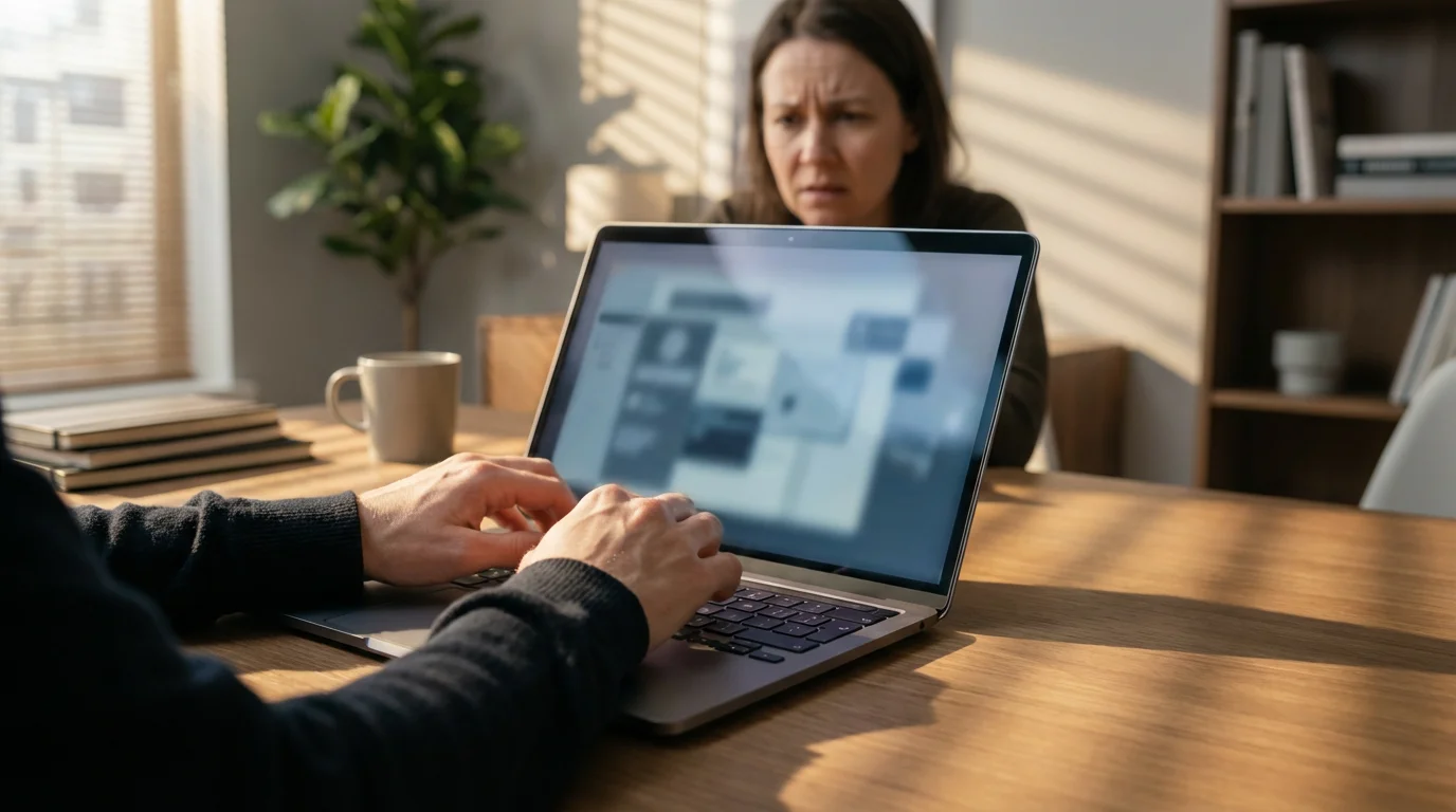 A person urgently typing on a laptop at a desk to secure an account.