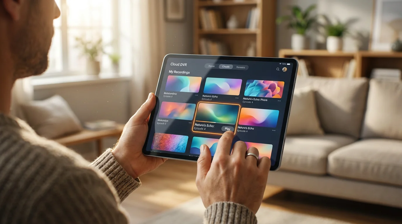 A person uses a tablet to browse their cloud DVR recordings in a sunlit room.