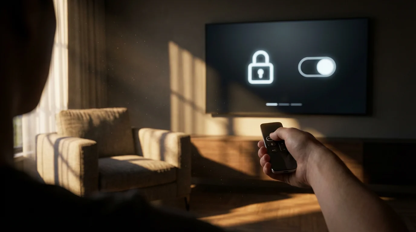 A person using a remote control to adjust graphical privacy settings on a television.