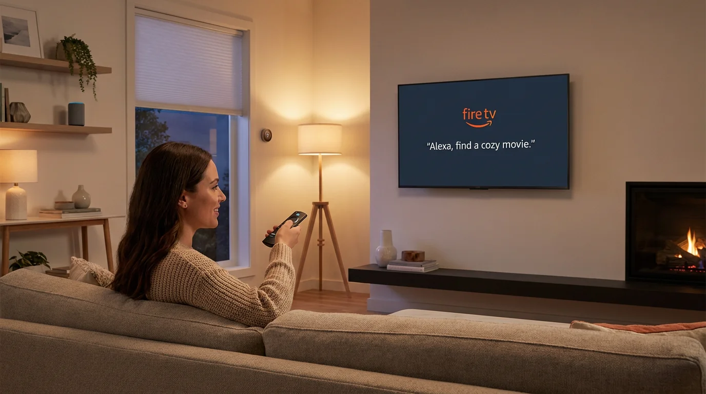 A person using voice control on a Fire TV remote in a modern home.