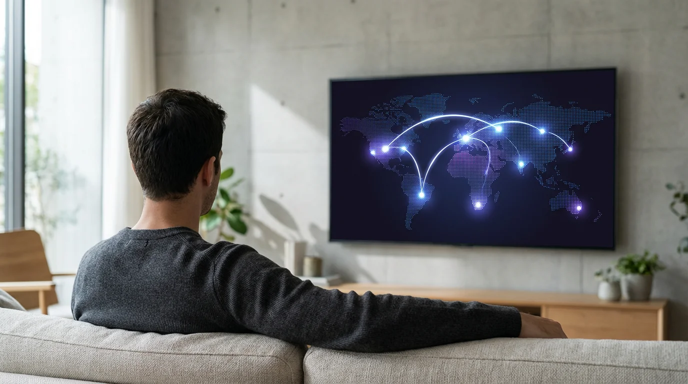 A person views a television screen displaying a stylized world map with glowing connection lines.