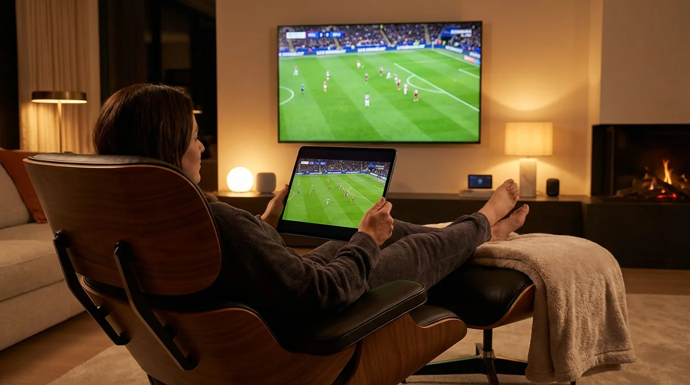 A person watching a football game on a tablet while another game plays on the TV in the background.
