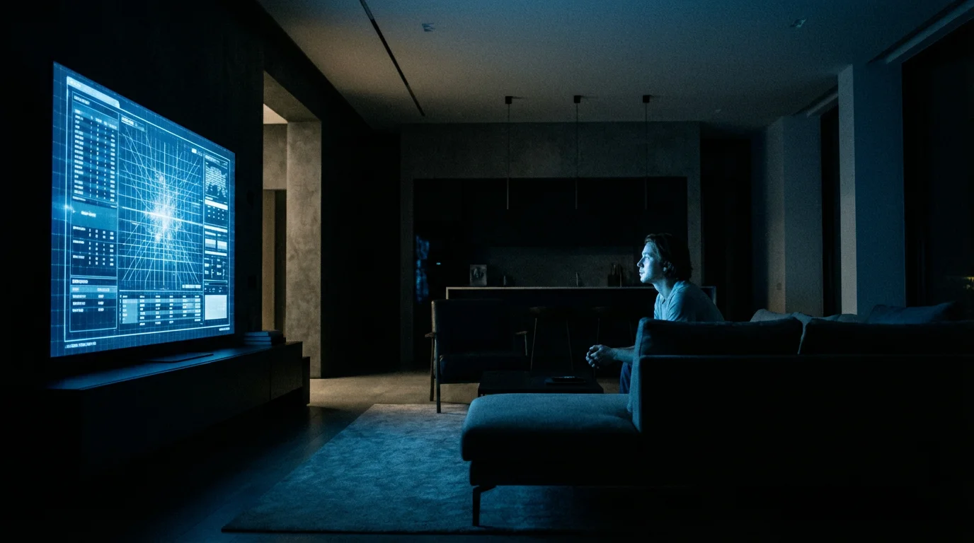 A person watching a TV screen in a dark room, illuminated by the screen's glow.
