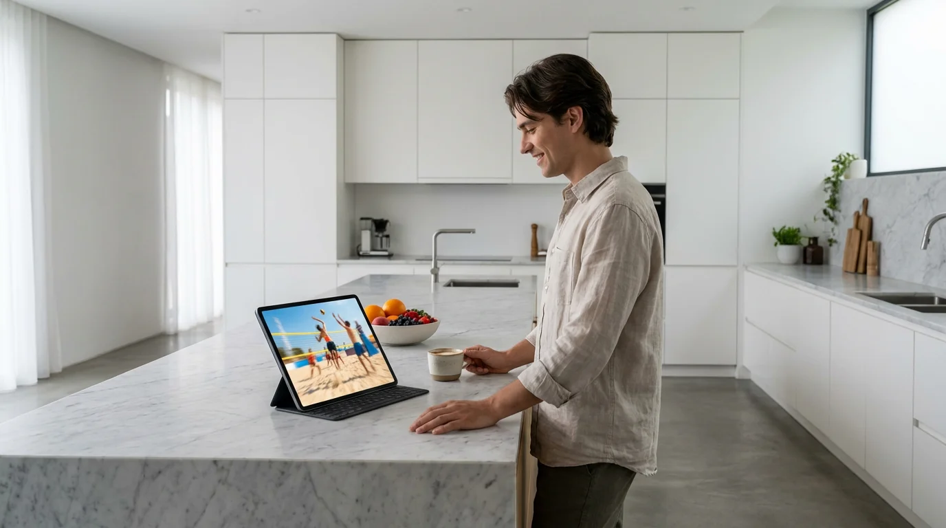 A person watching the Olympics on a tablet in a bright, modern kitchen.