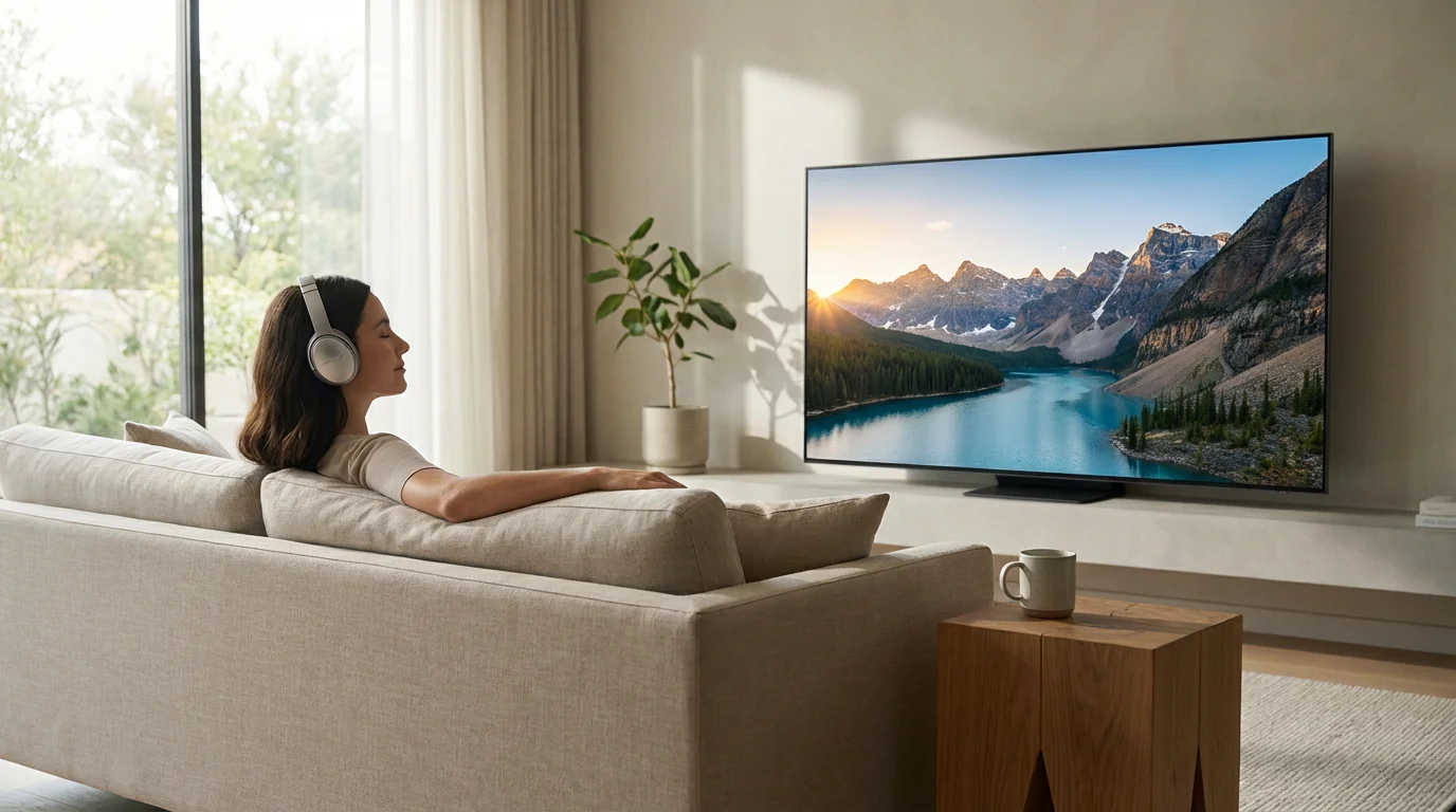 A person with headphones watching a nature documentary in a serene, modern living room.