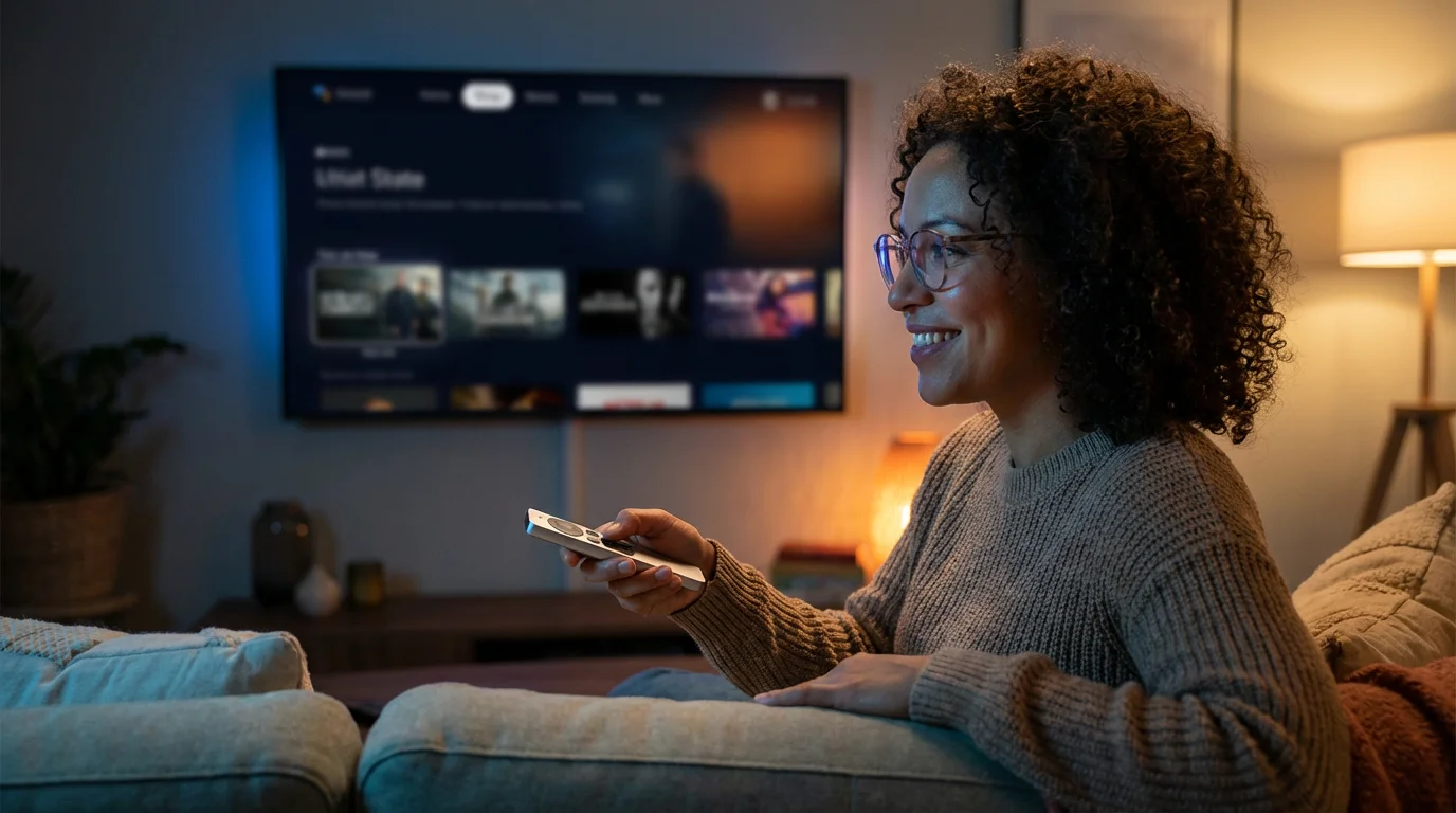 A person's face softly lit by the glow of a television screen as they use a remote.