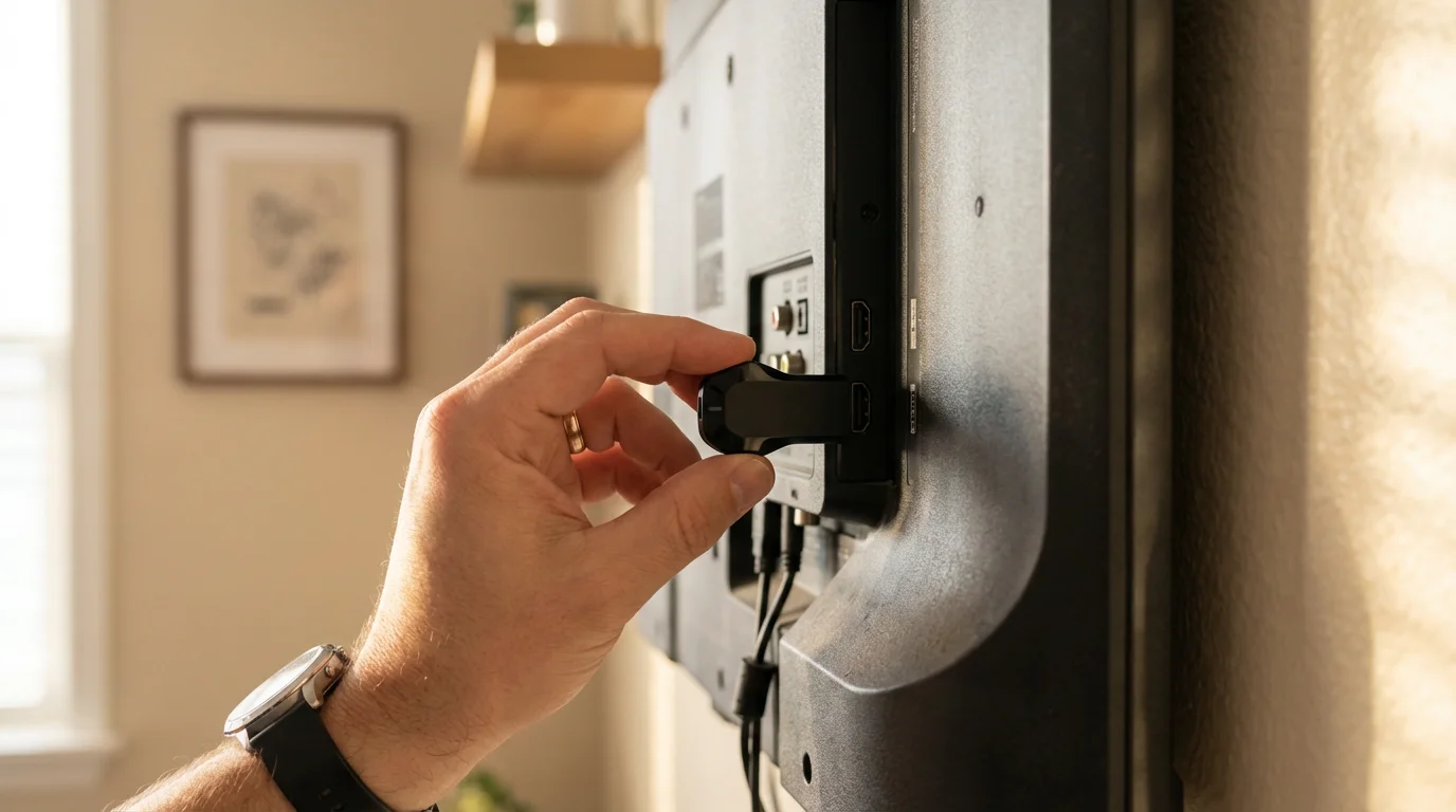 A person's hand plugging a generic streaming stick into an HDMI port on a television.