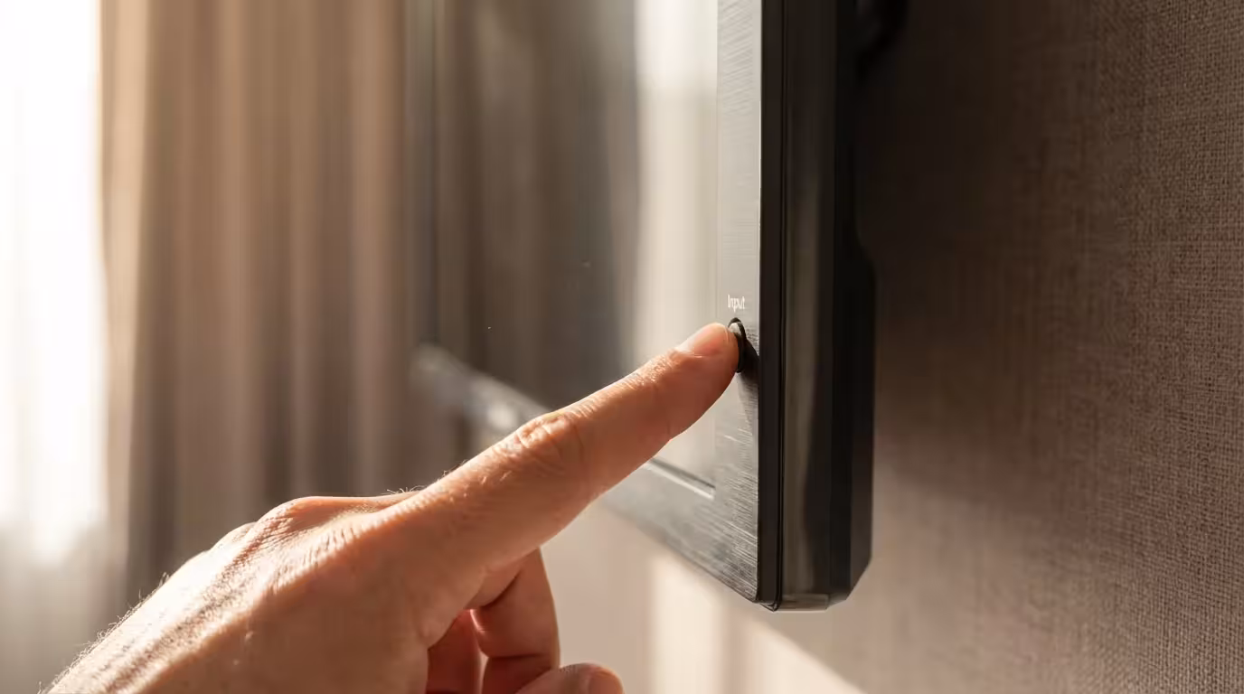 A person's hand presses a manual input button on the side of a hotel TV.