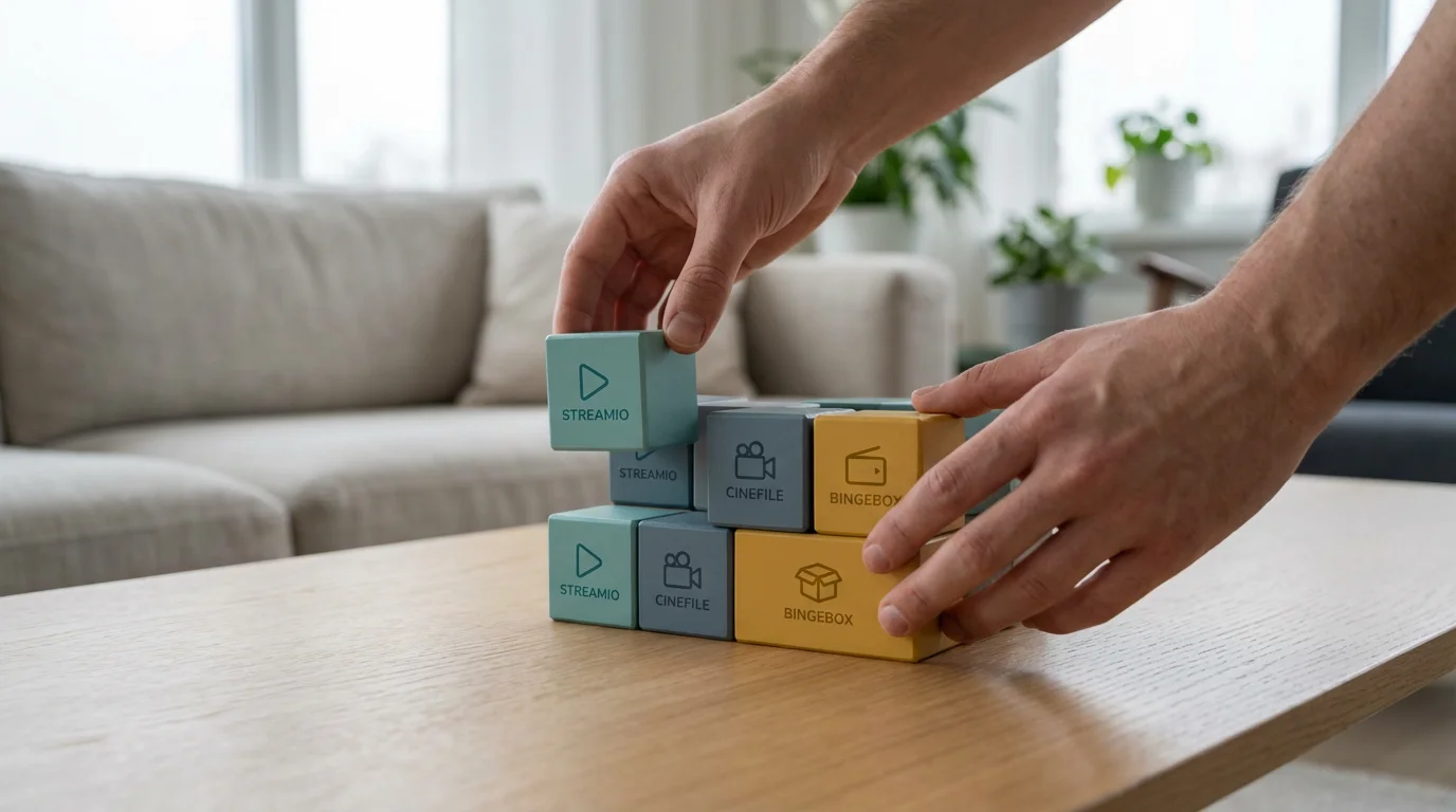 A person's hands arrange colorful blocks on a table, symbolizing a custom streaming bundle.