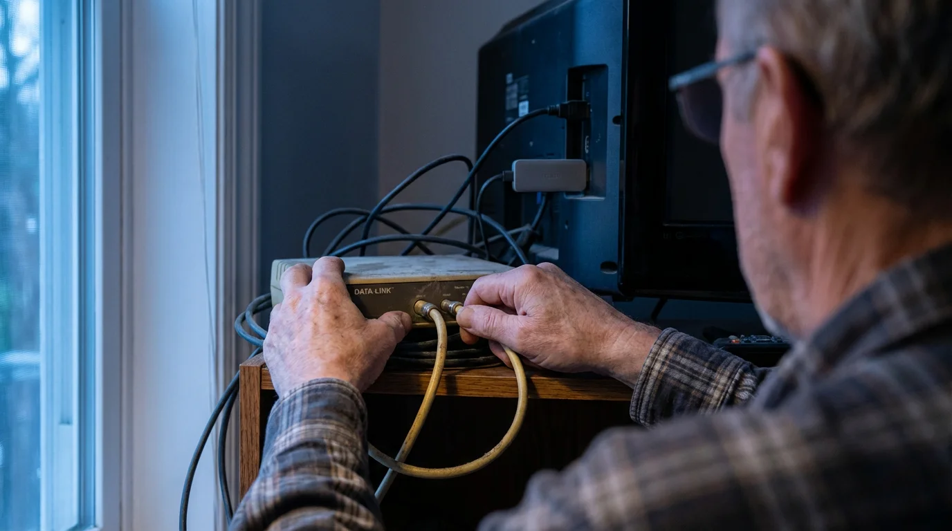 A person's hands seen from over their shoulder unplugging an old, dusty internet modem.