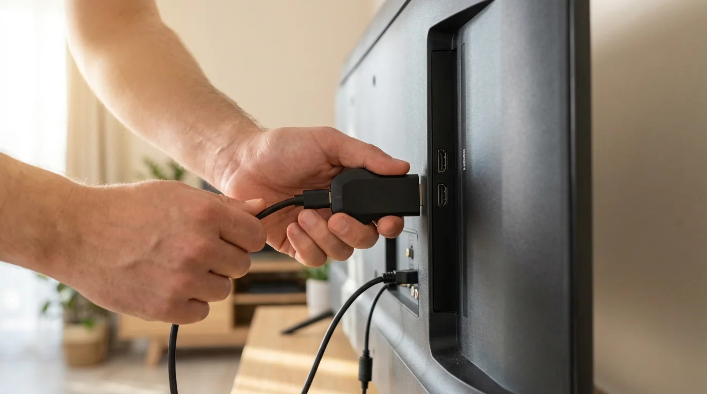 A person's hands unplugging a streaming media device from the back of a television.