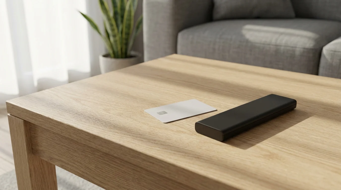 A photorealistic image of a credit card and a TV remote on a table.