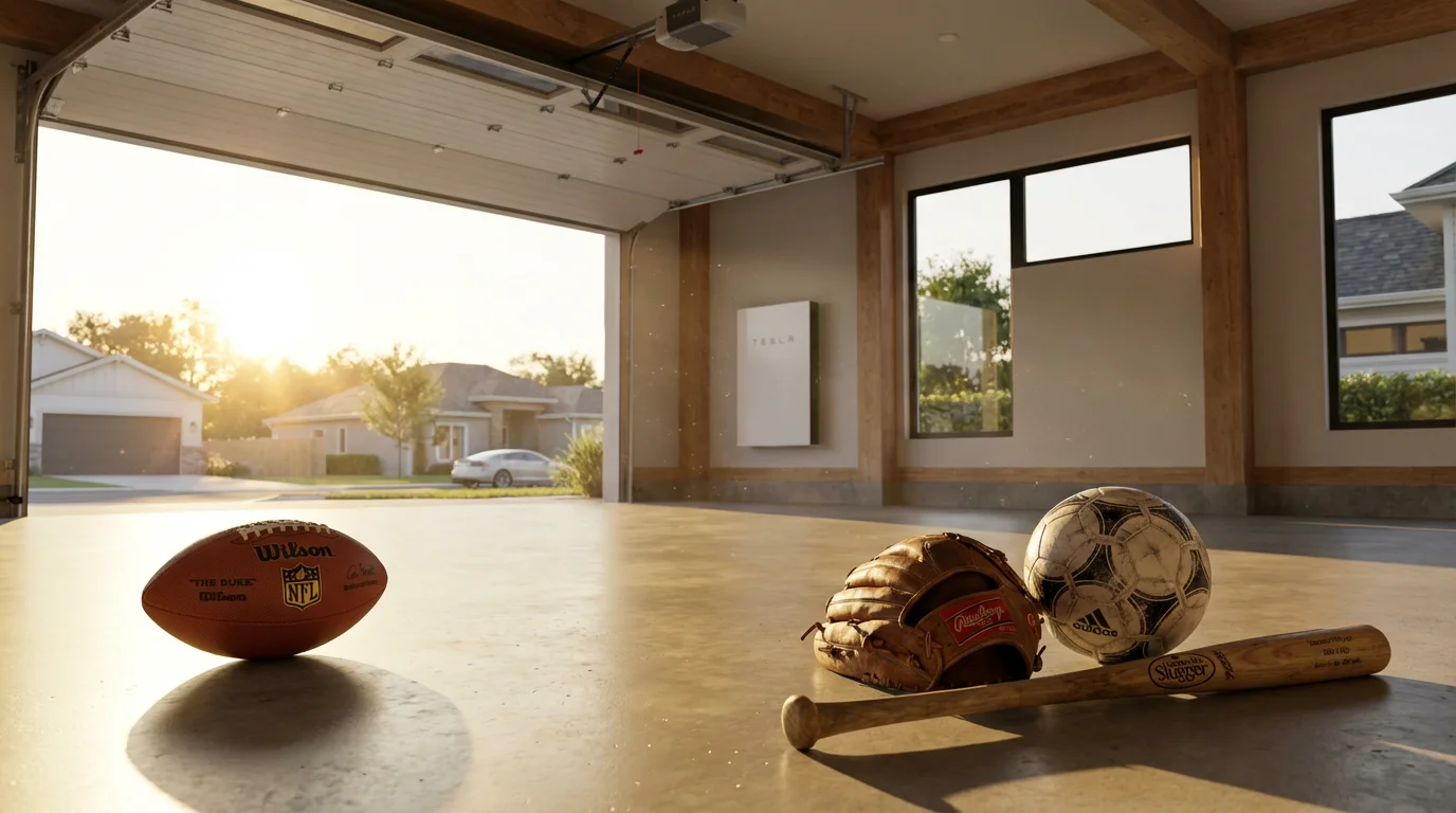 A professional football sits opposite a collection of well-used local sports equipment in a garage.