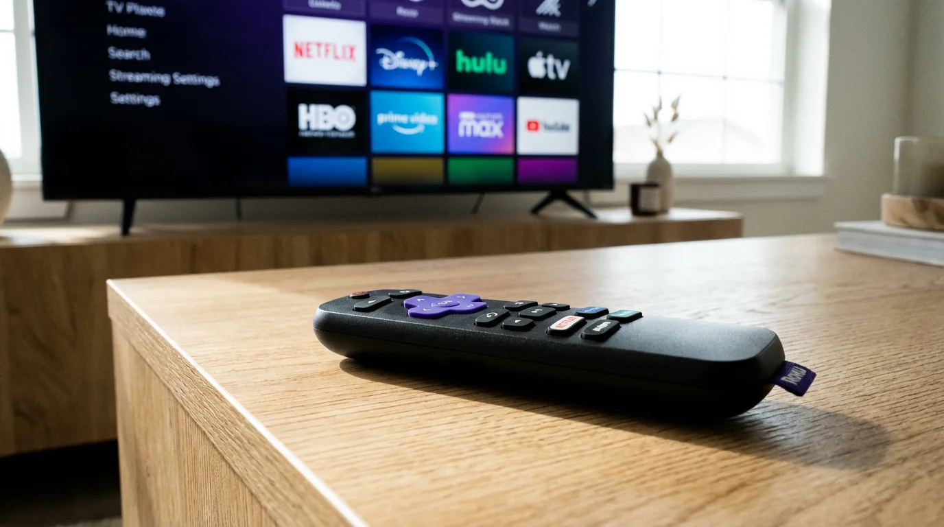 A Roku remote sitting on a wooden coffee table with a TV in the background.