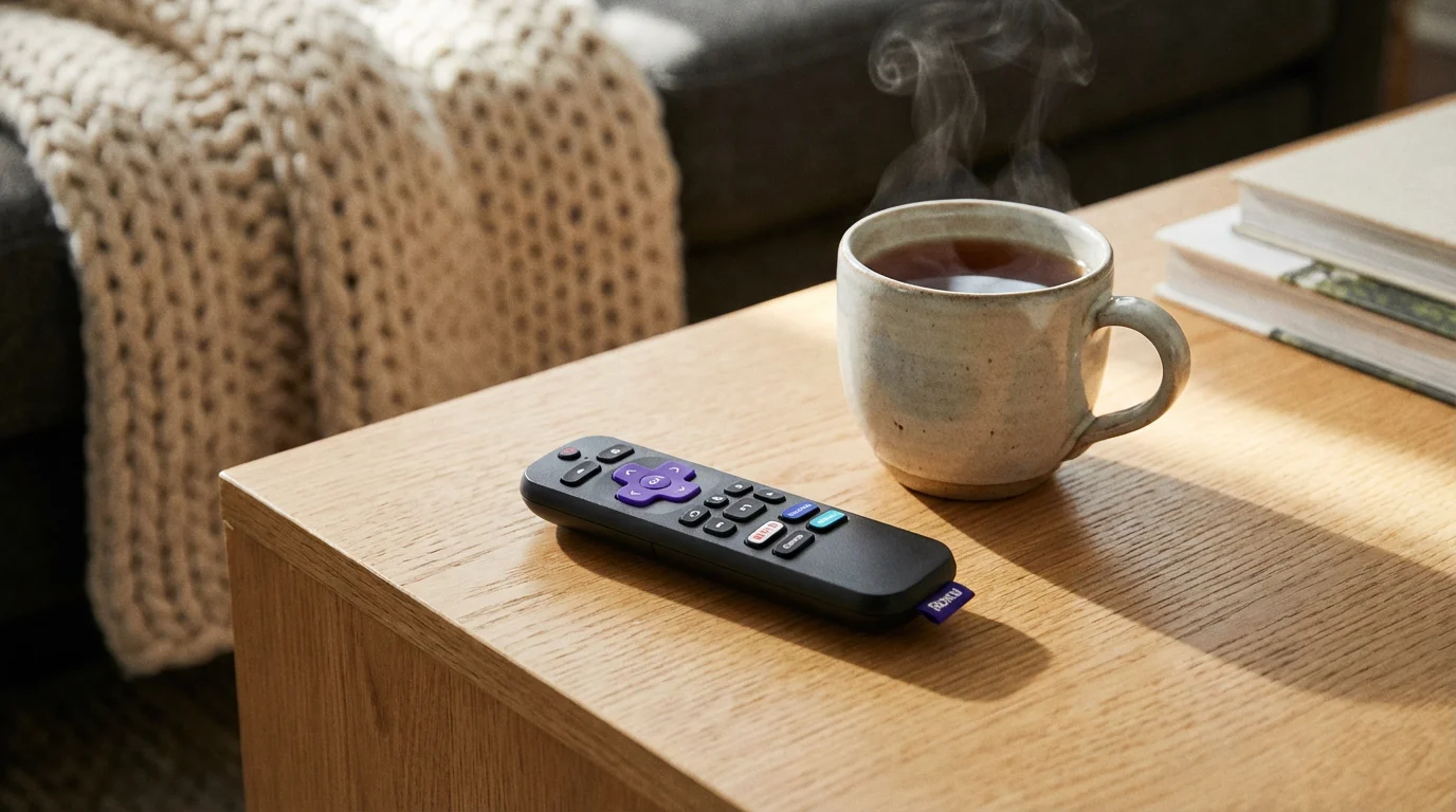 A Roku remote sitting on a wooden table next to a cup of tea.