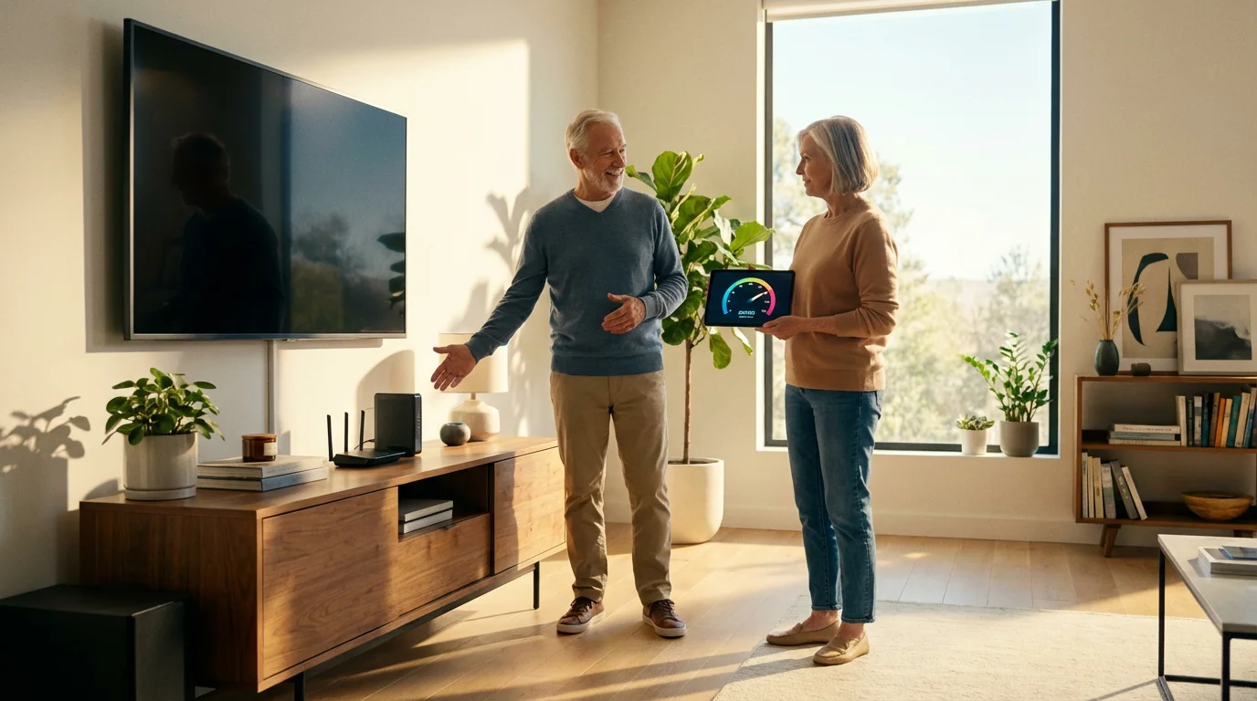 A senior couple in their living room examining their internet router and a speed test.