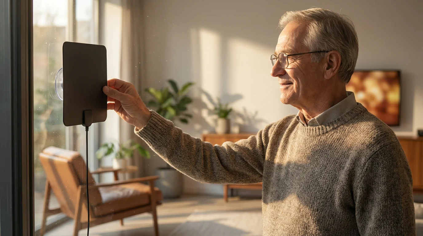A senior man adjusts a flat digital TV antenna on a window at home.