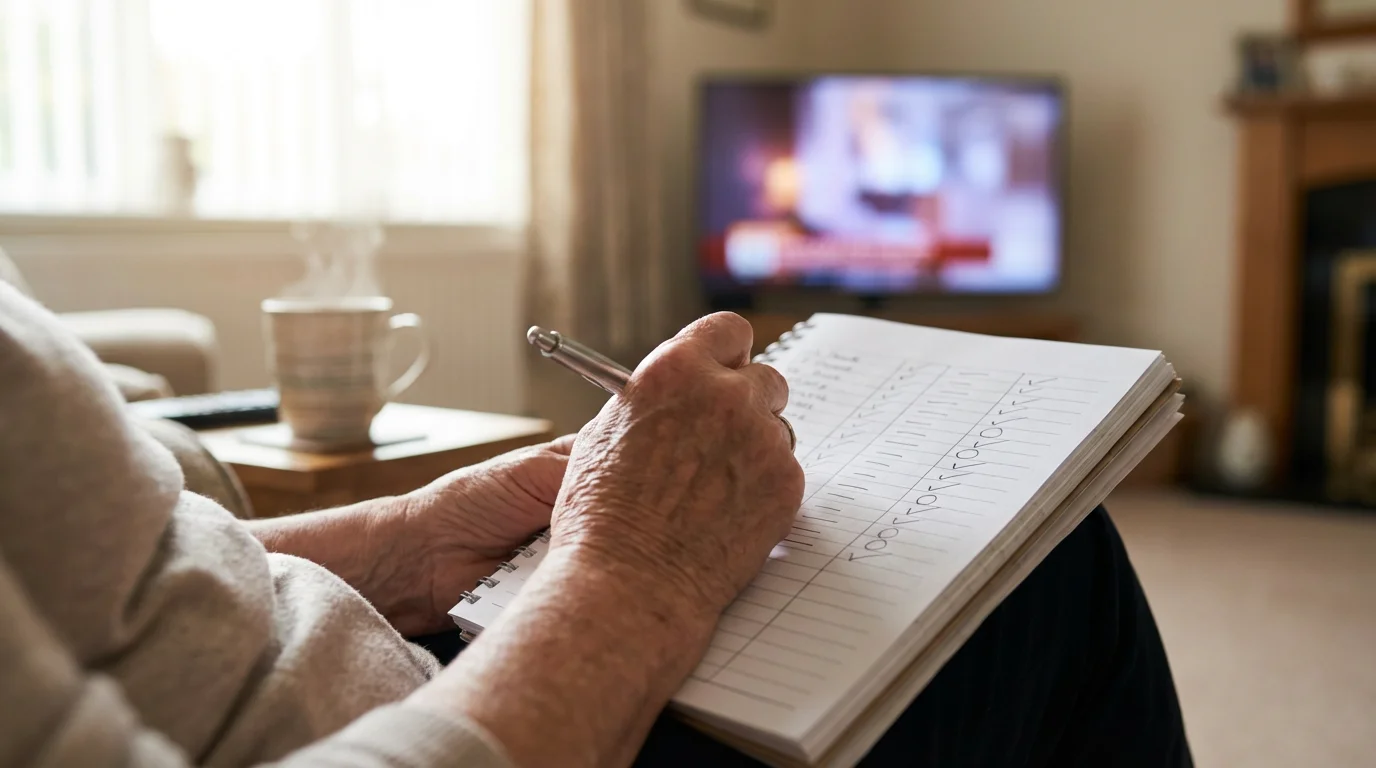 A senior woman's hands writing in a notebook to track television viewing habits.