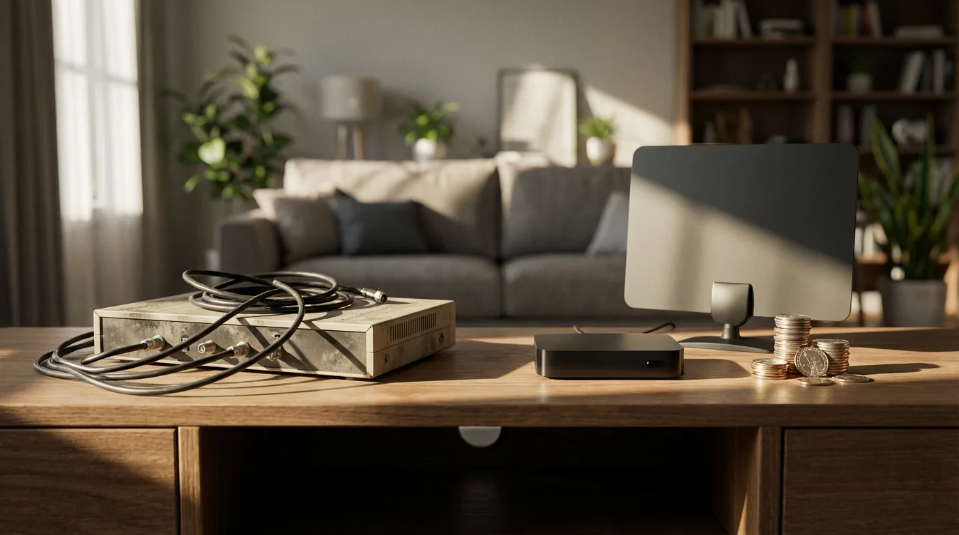 A side-by-side comparison of a messy cable box and a tidy antenna setup with coins.