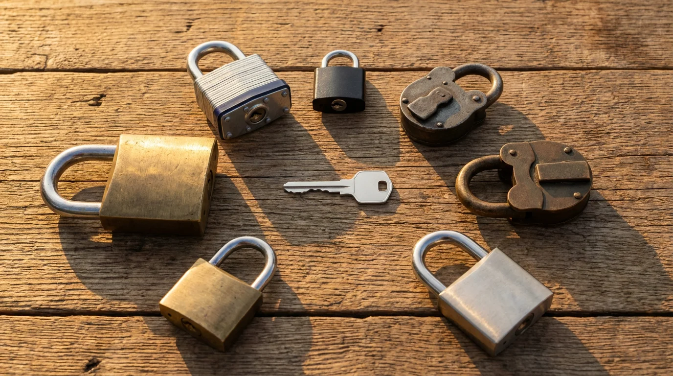 A single key surrounded by many different closed padlocks on a wooden surface.