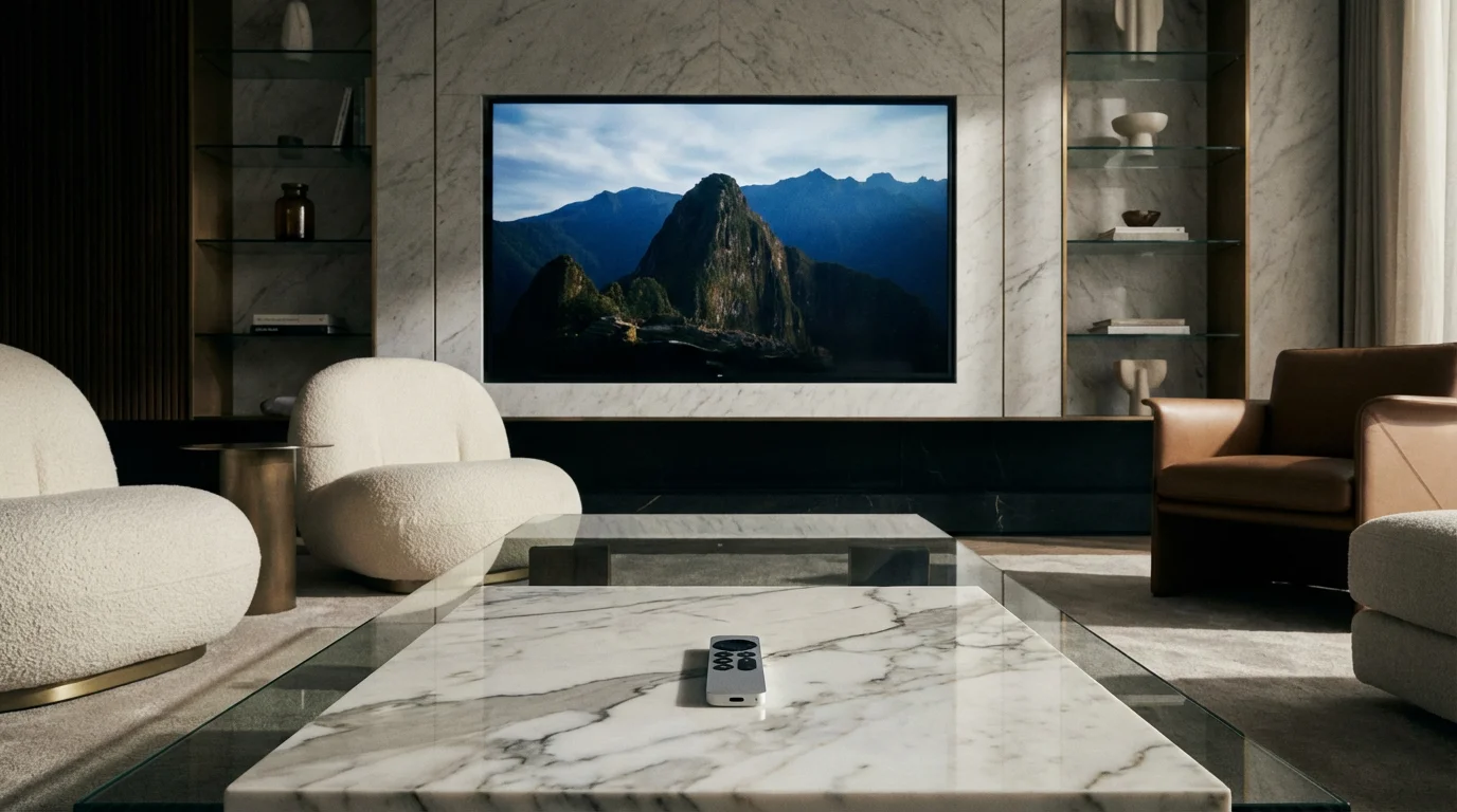 A sleek Apple TV remote on a marble table in a luxury living room.