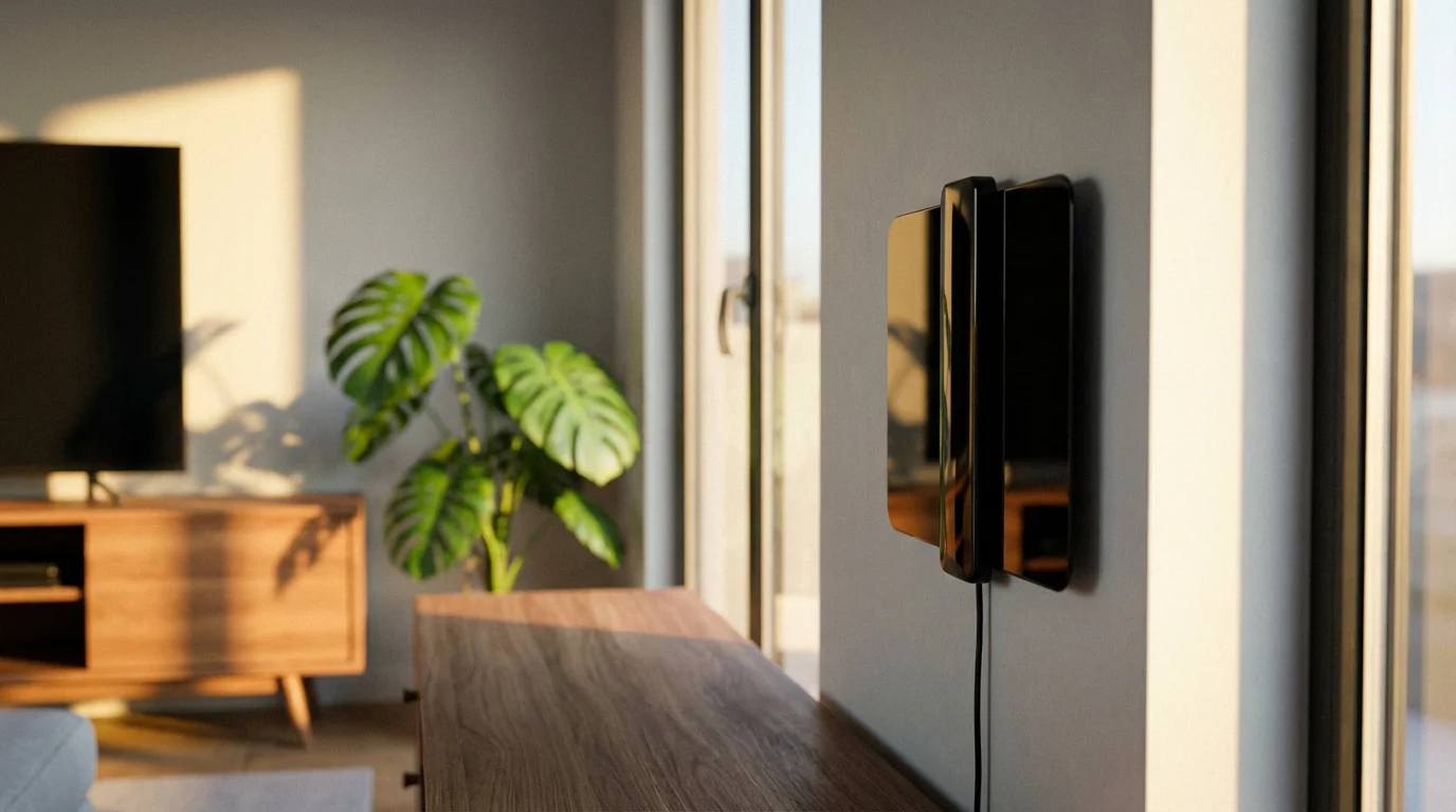 A sleek, modern indoor TV antenna on a living room wall during golden hour.