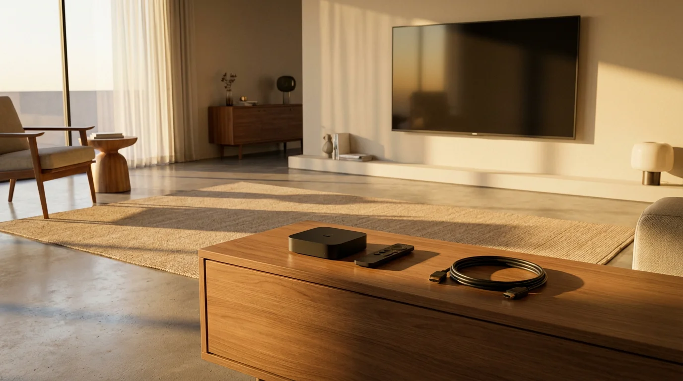 A small streaming media player and remote on a wooden console in a sunlit room.