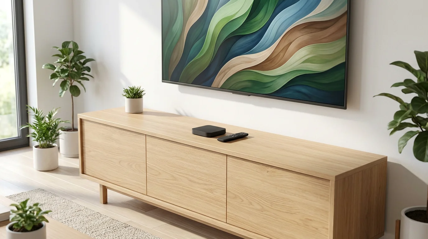 A small streaming stick and remote on a console below a large smart TV.