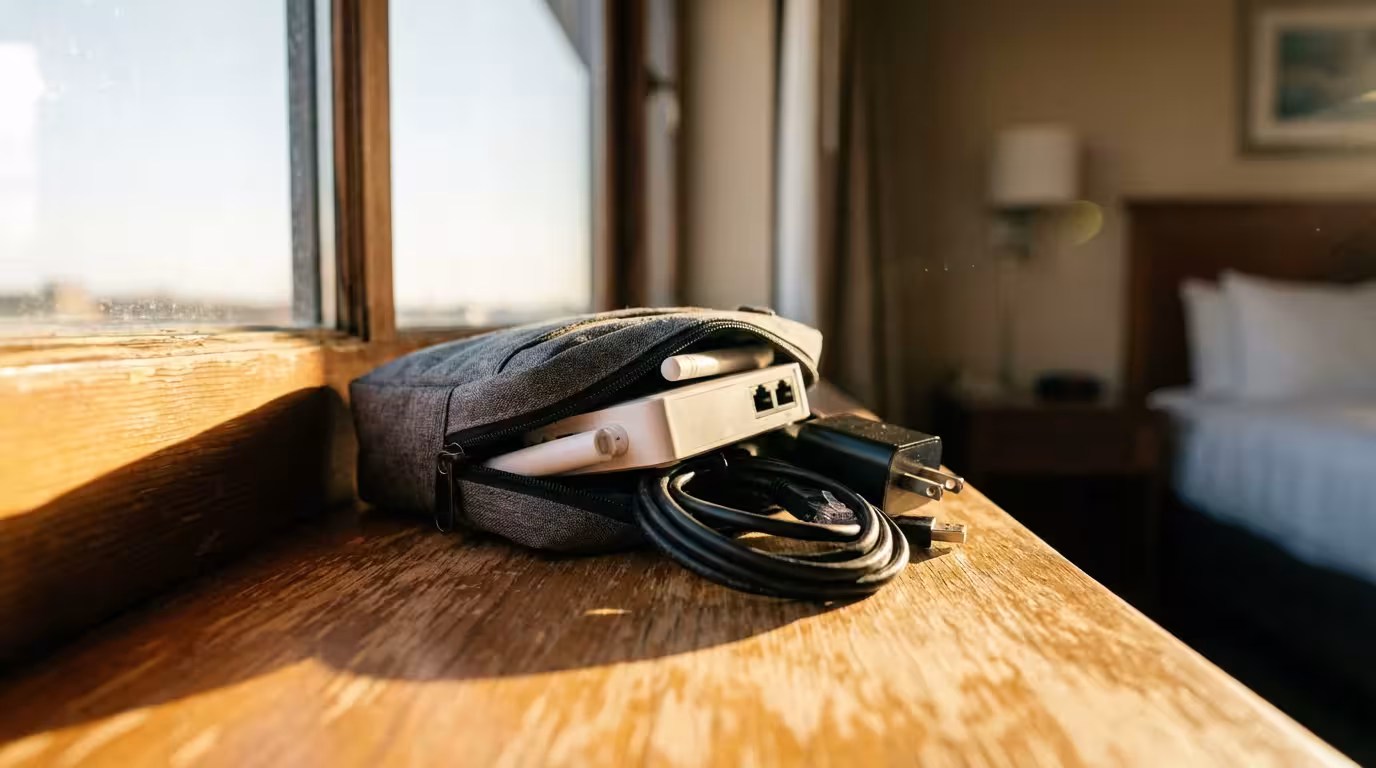 A small tech pouch with a travel router on a hotel windowsill at sunset.