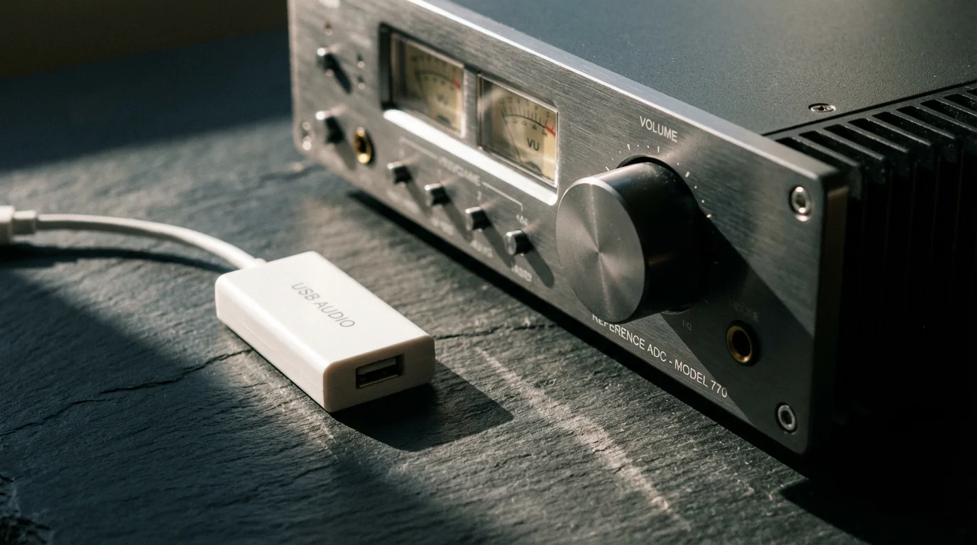 A small white audio dongle next to a large audiophile-grade converter, low angle shot.