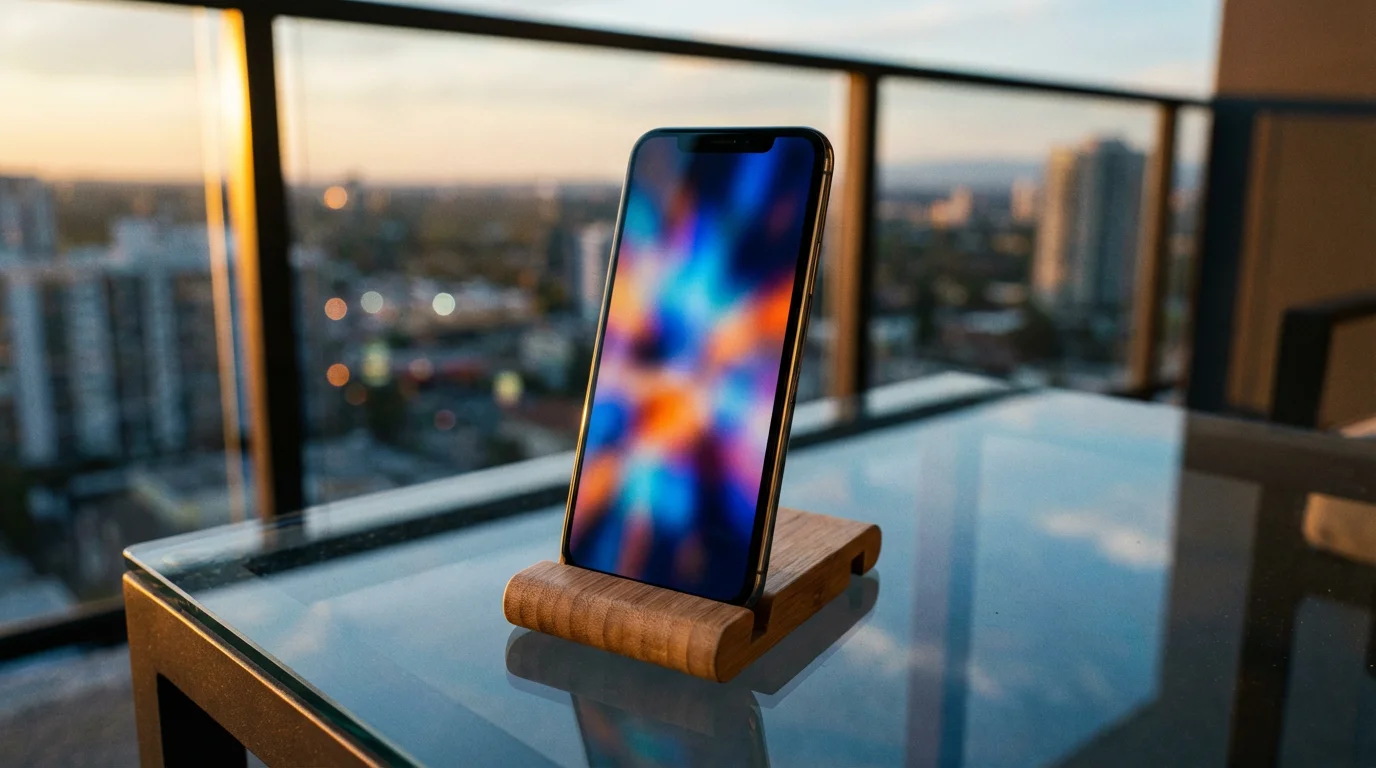A smartphone displaying colorful abstract media on a balcony table during a golden hour sunset.