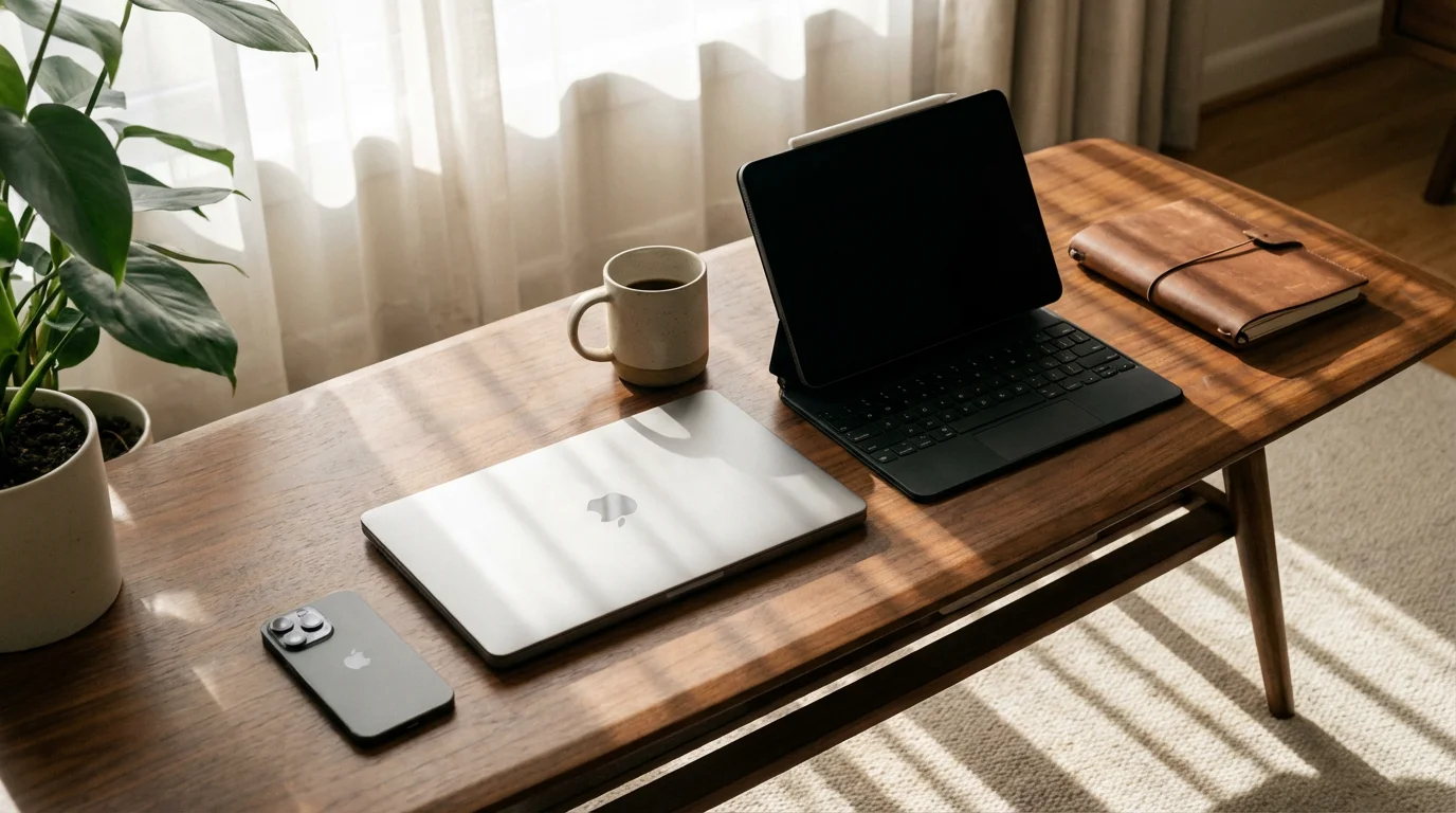A smartphone, tablet, and laptop arranged on a wooden table in natural light.