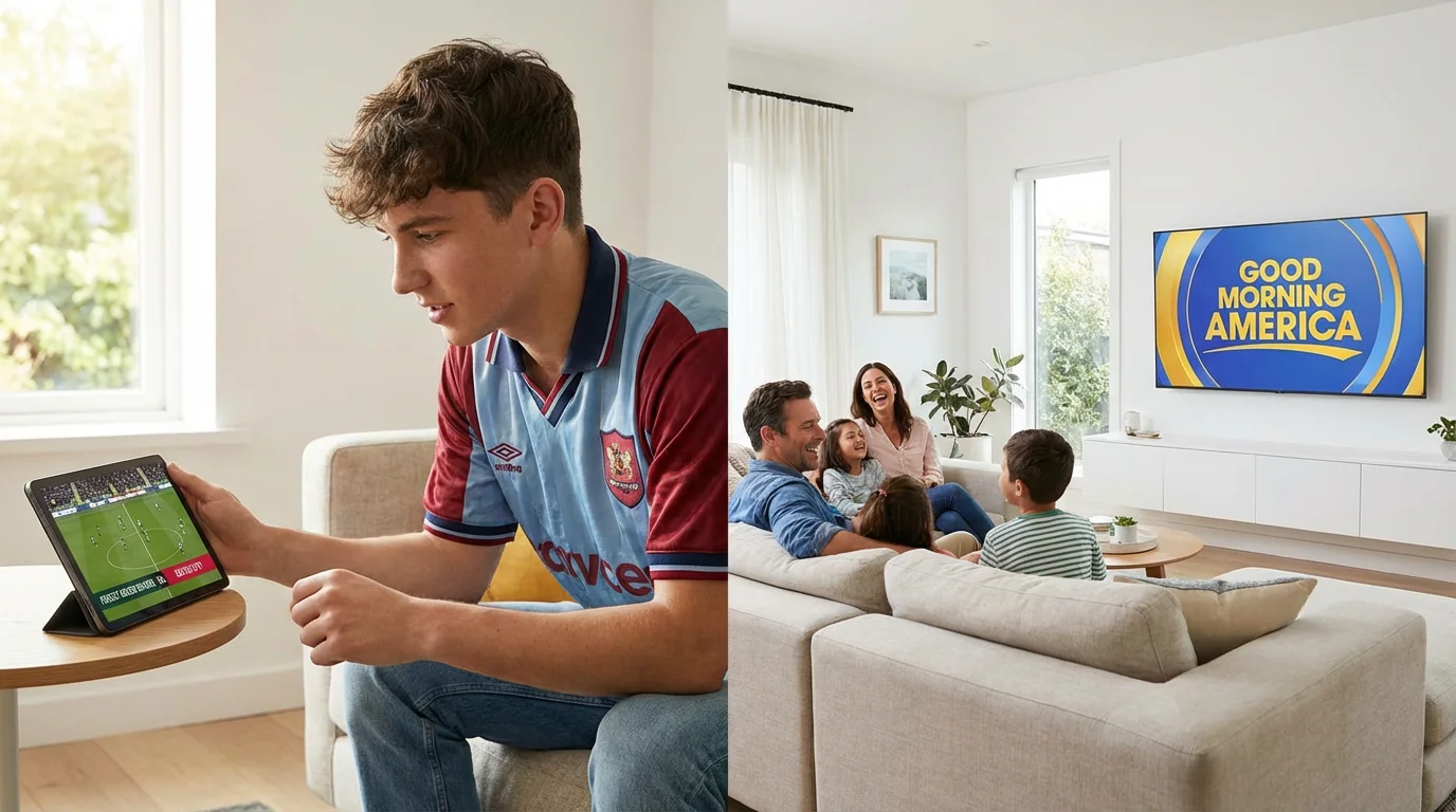 A split image showing a soccer fan on a tablet and a family watching a variety show on a TV.