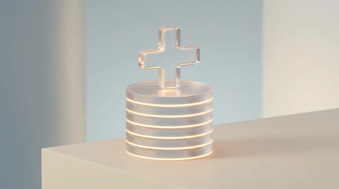 A stack of glowing glass coins with a plus symbol, representing financial savings and value.