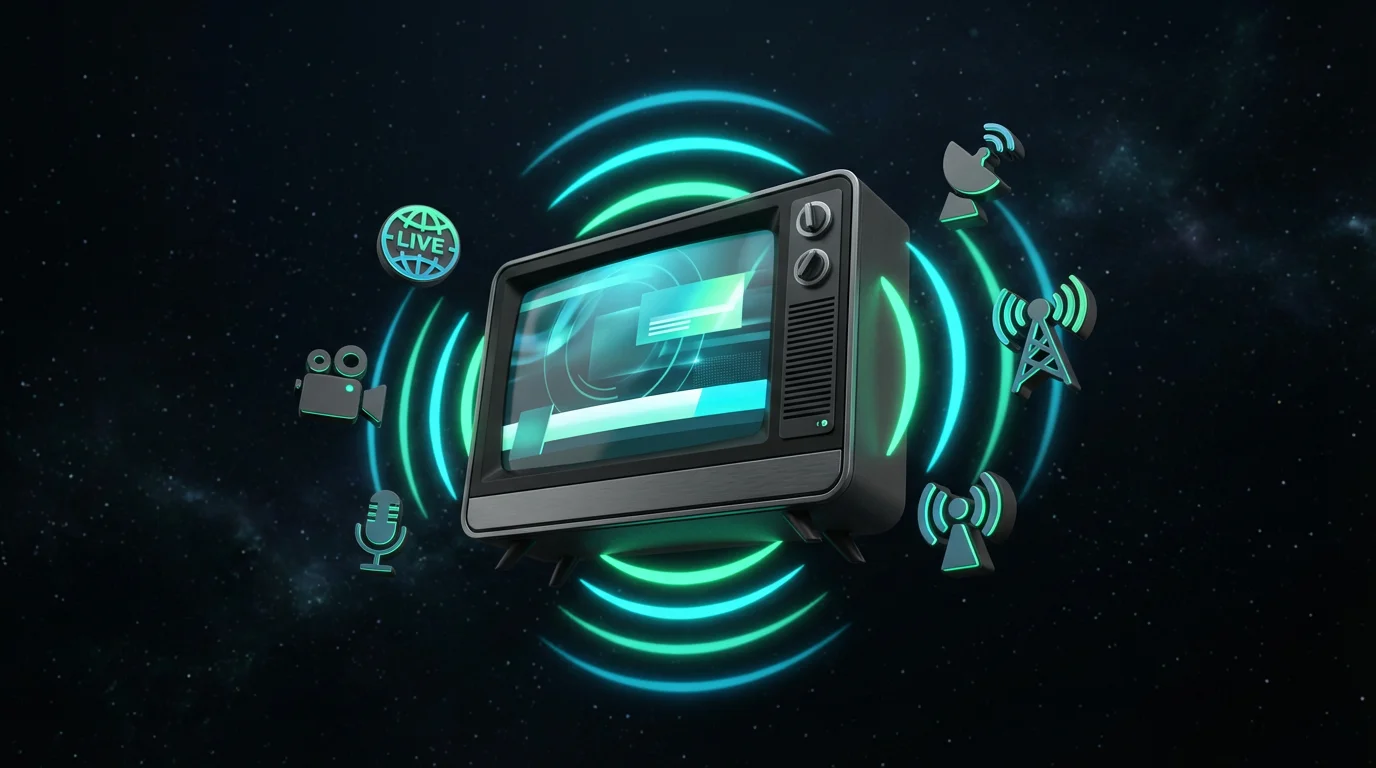 A stylized 3D TV emitting light waves and news icons to represent live television streaming.