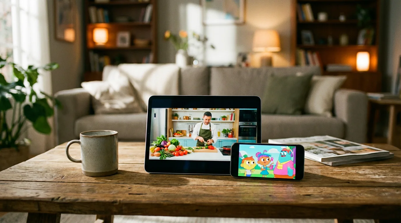A tablet and smartphone on a table displaying different streaming video content.