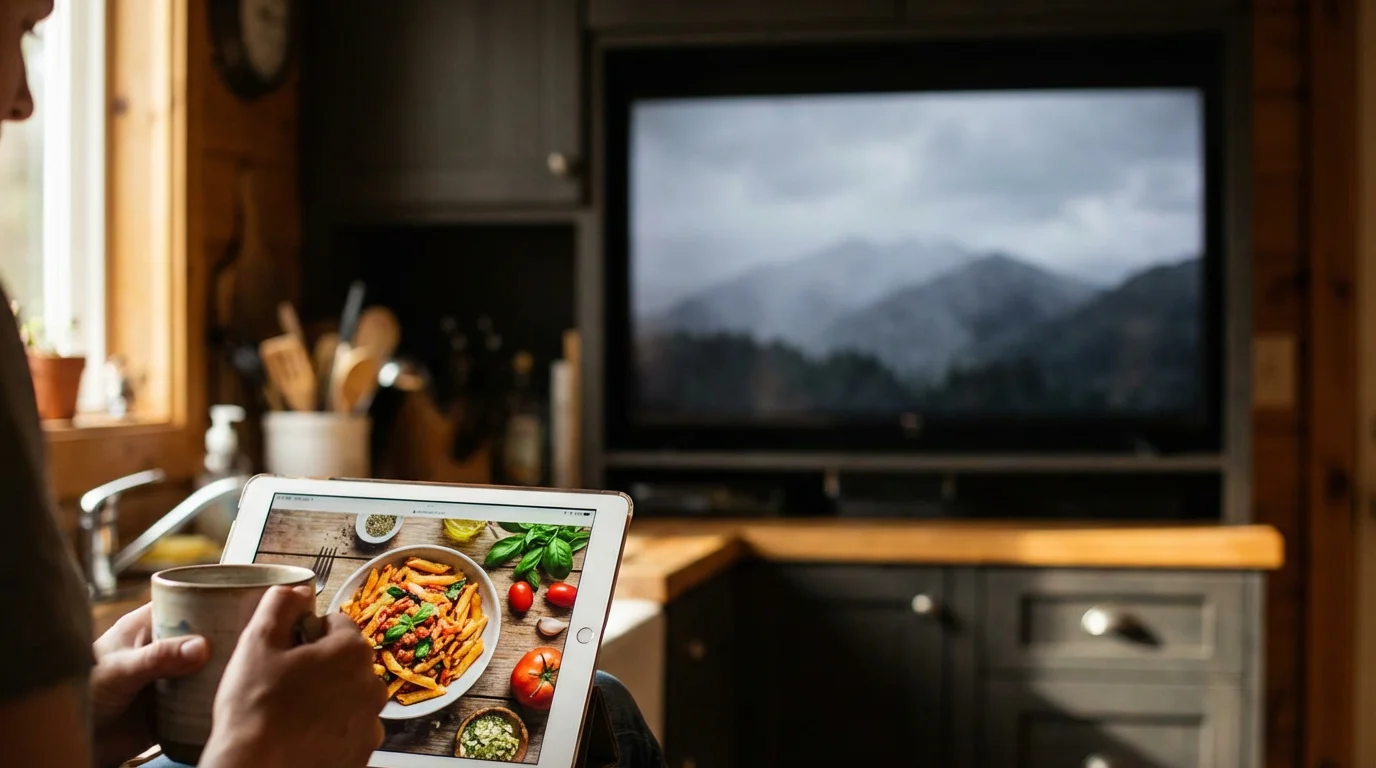 A tablet showing a cooking show in a kitchen with a cinematic movie playing on a TV in the background.