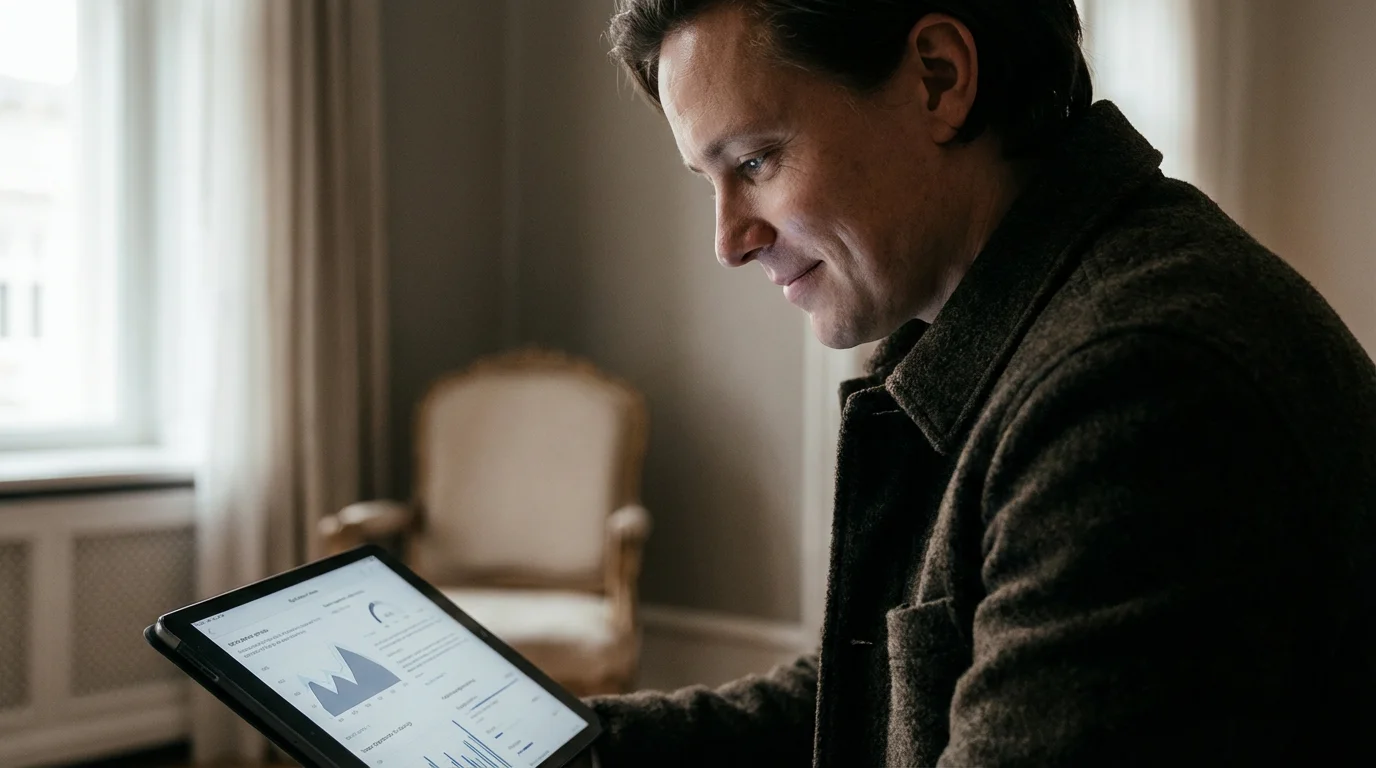 A thoughtful person looking at a screen in a professional editorial portrait.