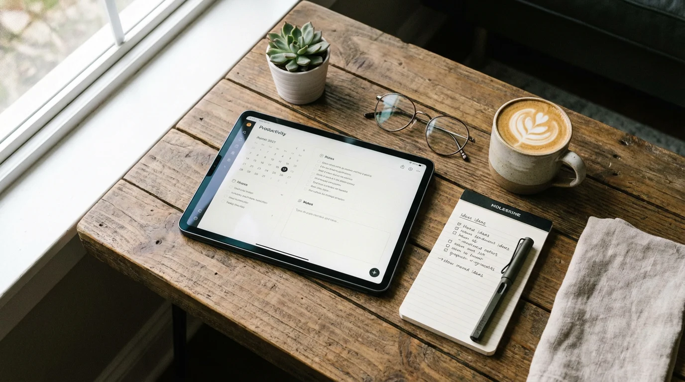 A top-down view of a tablet, coffee, and notepad on a wooden table, suggesting research.