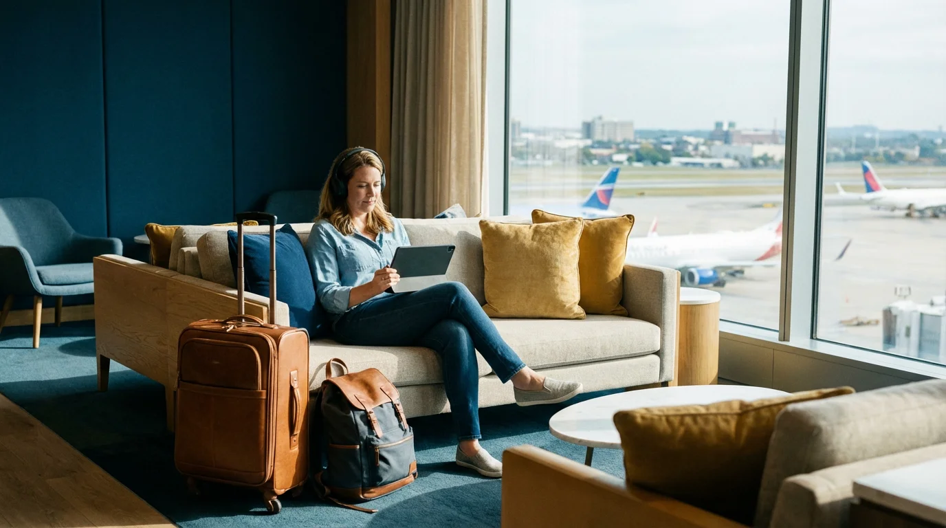 A traveler watching a tablet in a modern lounge with a suitcase nearby.