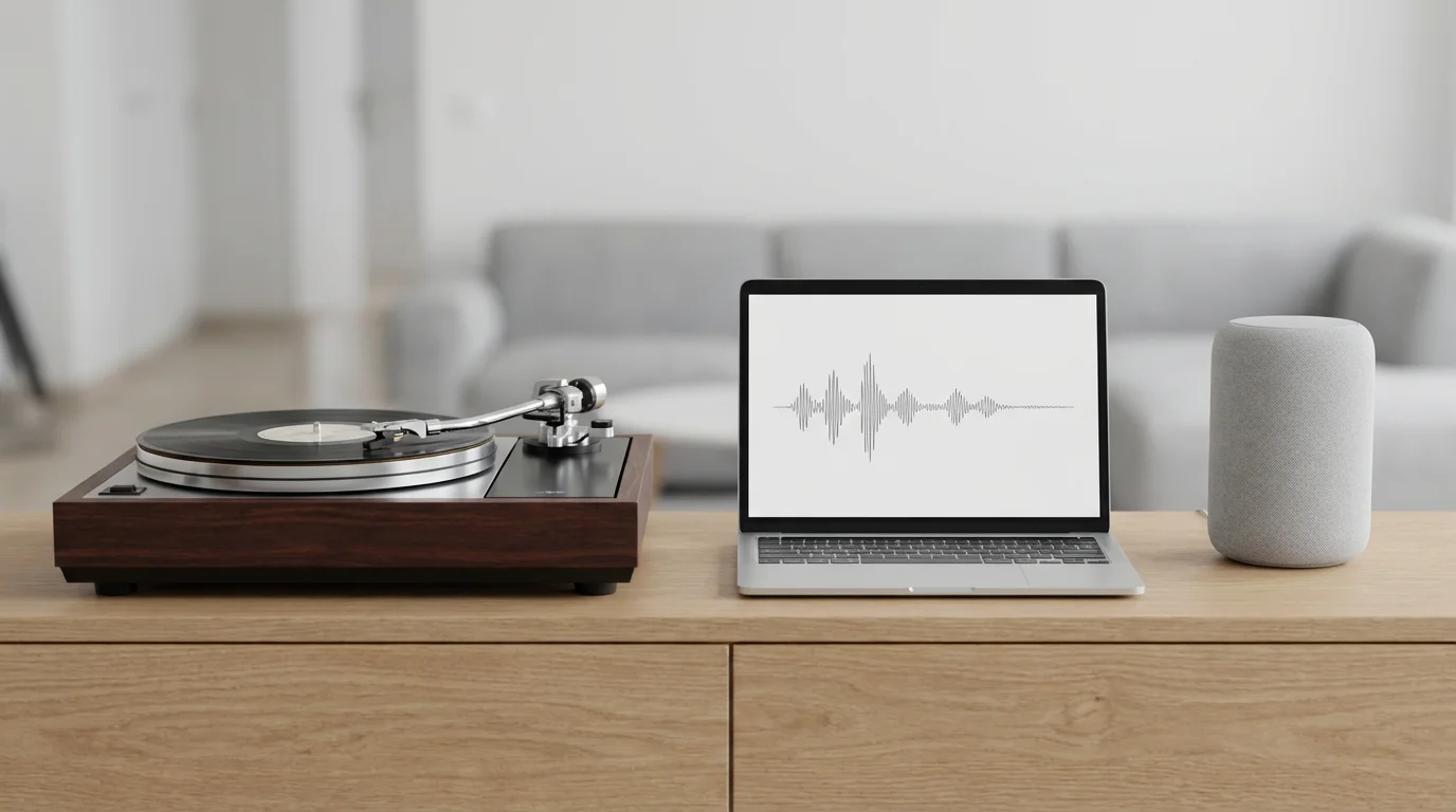 A vintage turntable and a modern smart speaker side-by-side on a wooden console.
