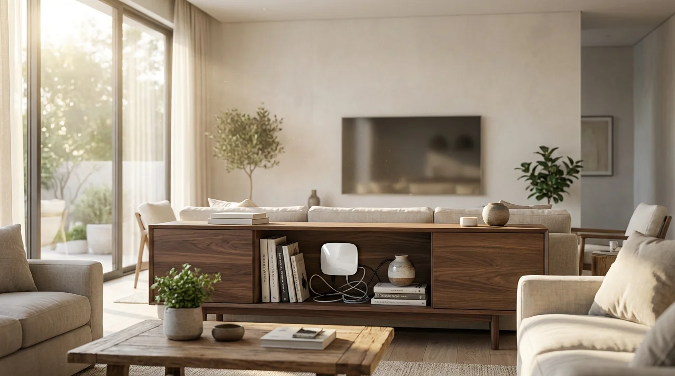A Wi-Fi router hidden and obstructed inside a cluttered living room media cabinet.